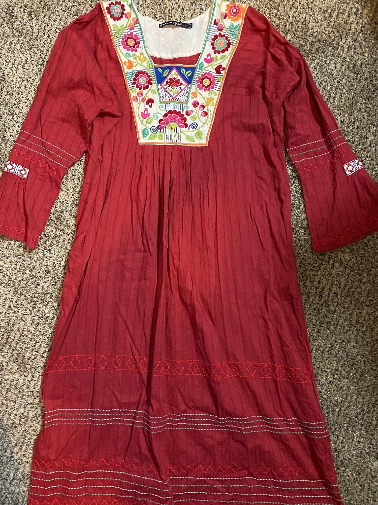 Gudrun Sjoden Size Large Red Maxi Dress With Floral Embroidery & Bell Sleeves